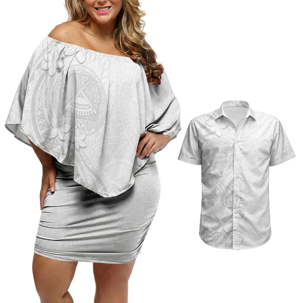 American Samoa White Sunday Couples Matching Off Shoulder Short Dress and Hawaiian Shirt Polynesian Pattern With Tropical Flowers