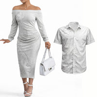 American Samoa White Sunday Couples Matching Off The Shoulder Long Sleeve Dress and Hawaiian Shirt Polynesian Pattern With Tropical Flowers