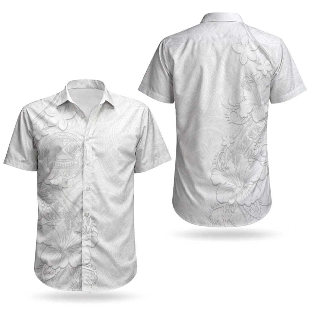 American Samoa White Sunday Couples Matching Off The Shoulder Long Sleeve Dress and Hawaiian Shirt Polynesian Pattern With Tropical Flowers