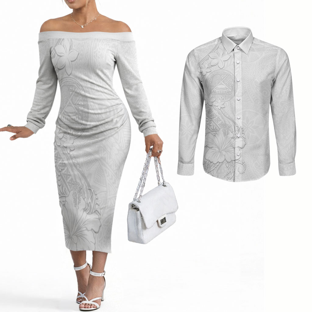 American Samoa White Sunday Couples Matching Off The Shoulder Long Sleeve Dress and Long Sleeve Button Shirt Polynesian Pattern With Tropical Flowers