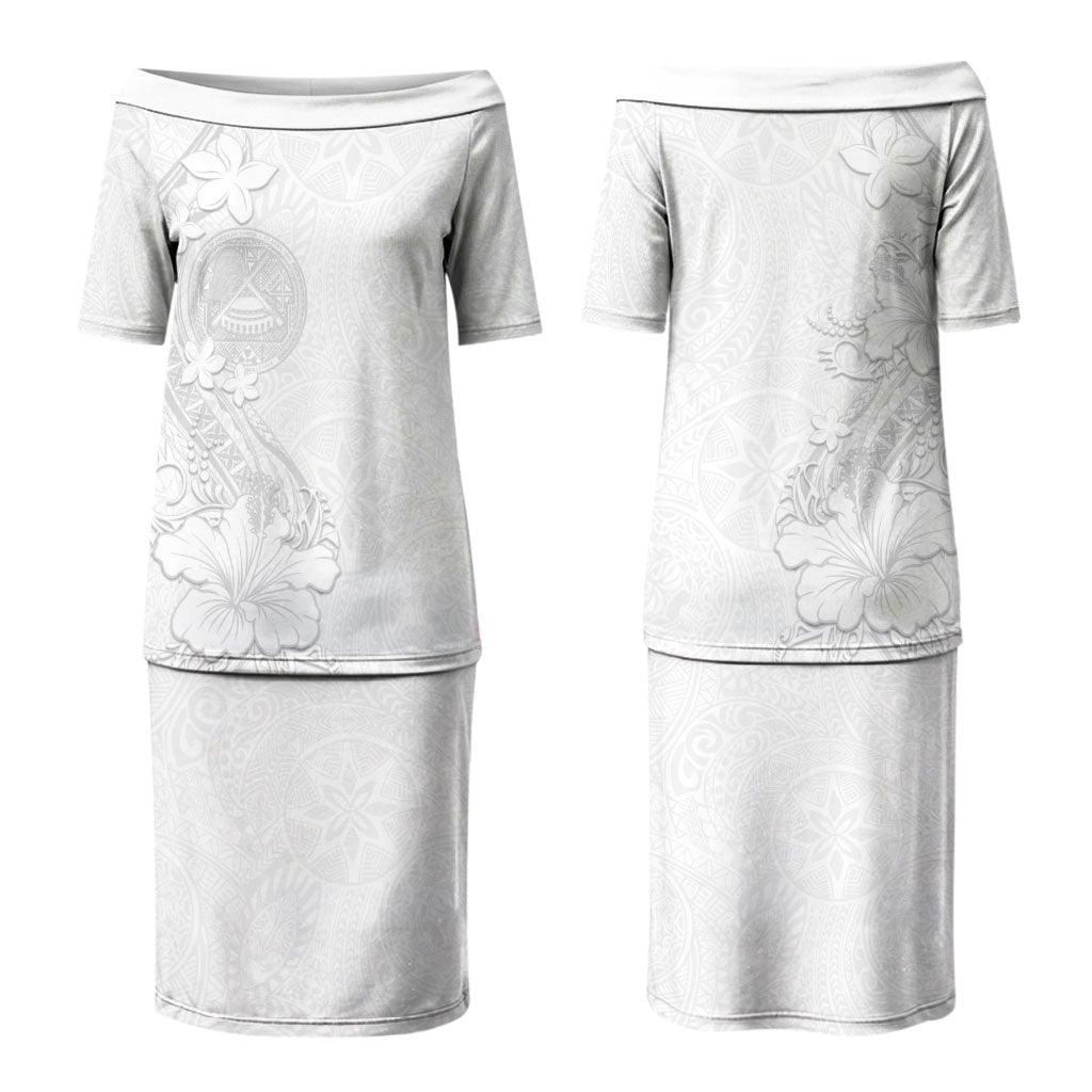 American Samoa White Sunday Couples Matching Puletasi and Long Sleeve Button Shirt Polynesian Pattern With Tropical Flowers
