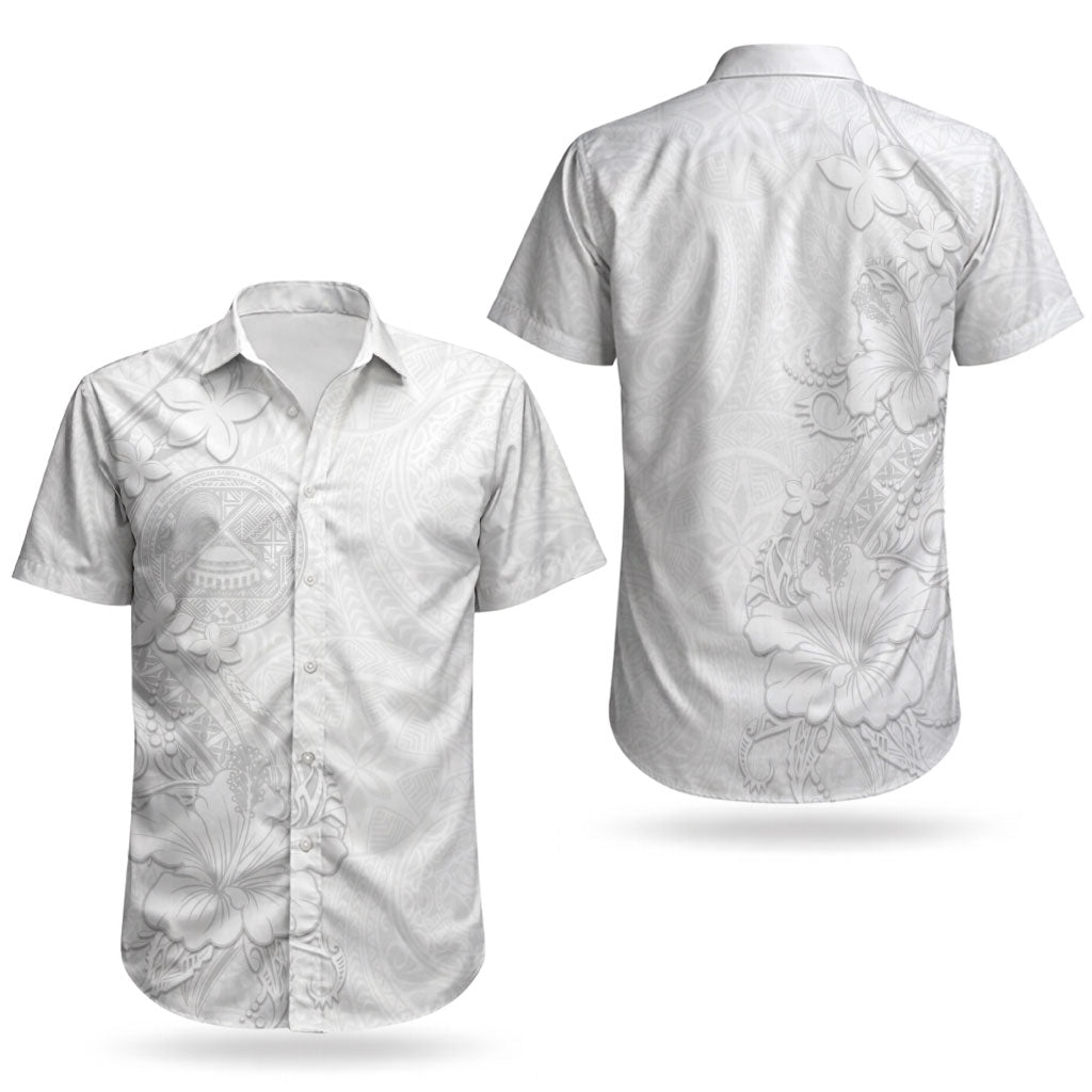 American Samoa White Sunday Couples Matching Short Sleeve Bodycon Dress and Hawaiian Shirt Polynesian Pattern With Tropical Flowers