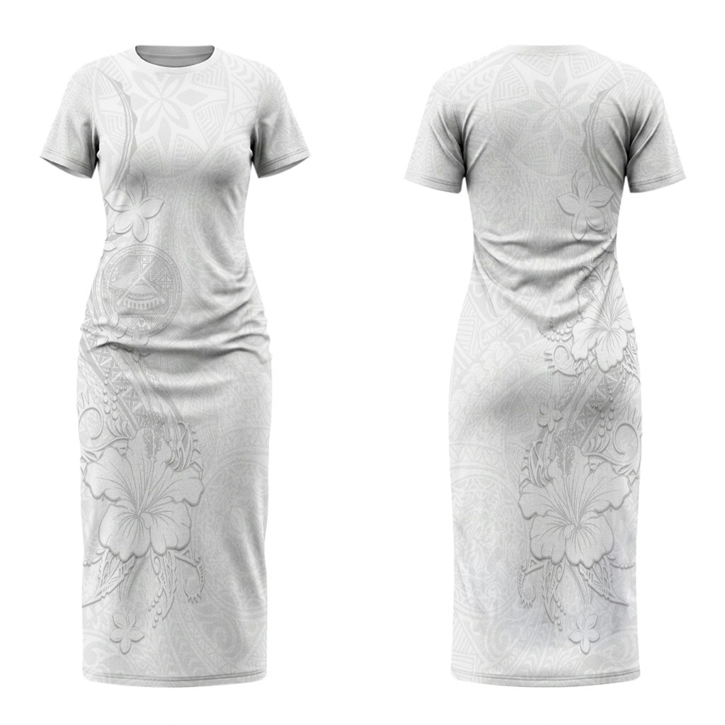 American Samoa White Sunday Couples Matching Short Sleeve Bodycon Dress and Hawaiian Shirt Polynesian Pattern With Tropical Flowers