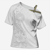 American Samoa White Sunday Cross Shoulder Shirt Polynesian Pattern With Tropical Flowers