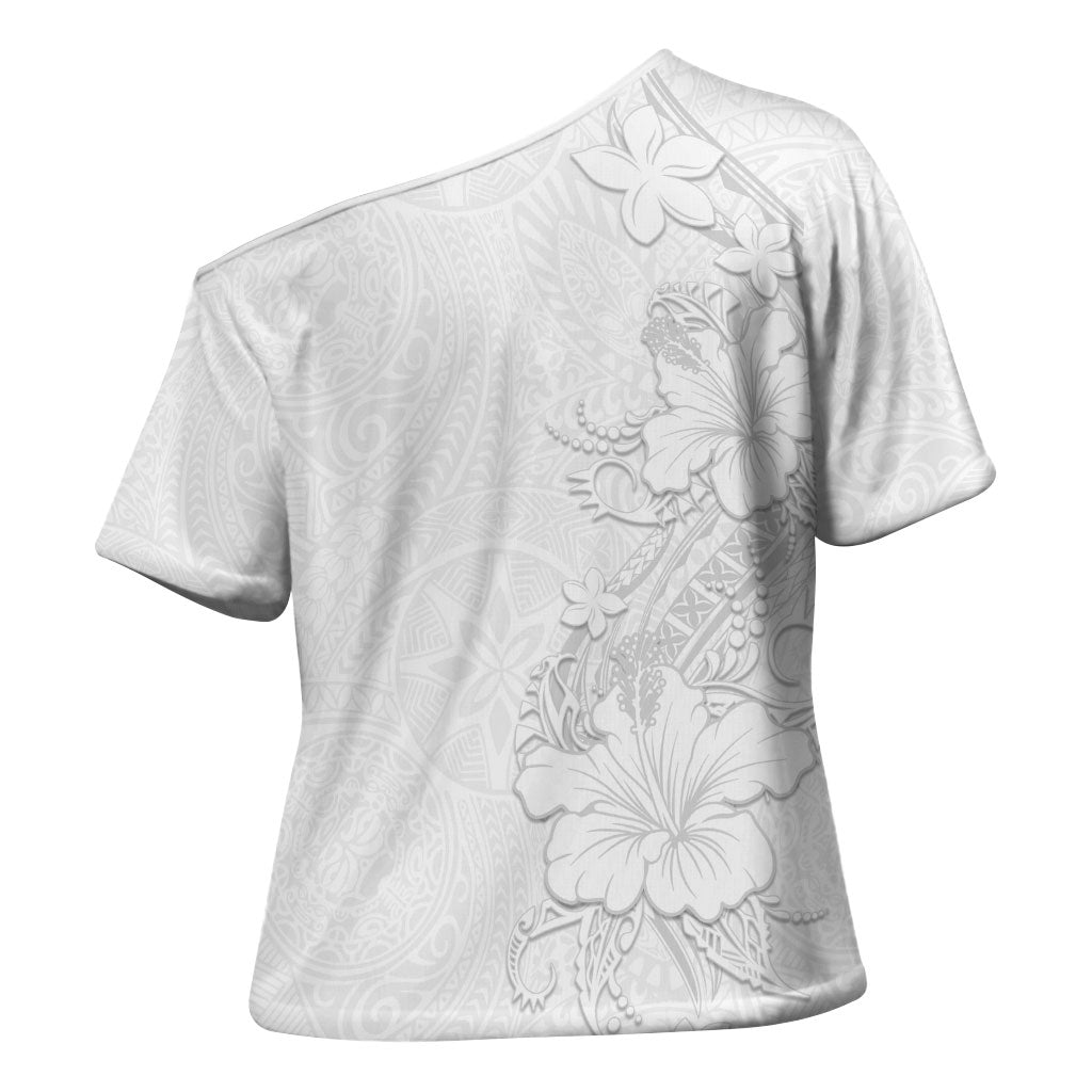 American Samoa White Sunday Cross Shoulder Shirt Polynesian Pattern With Tropical Flowers