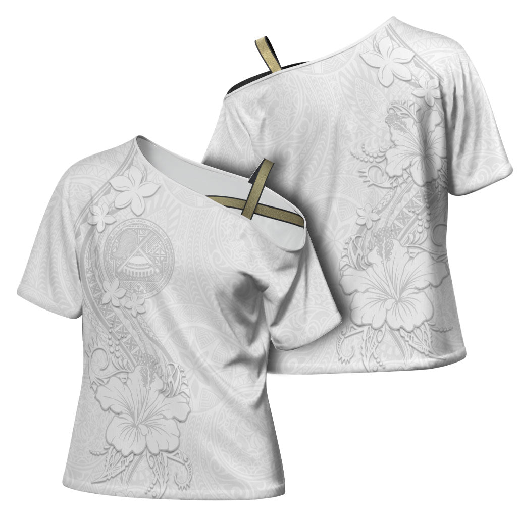 American Samoa White Sunday Cross Shoulder Shirt Polynesian Pattern With Tropical Flowers