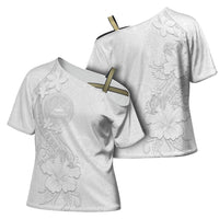 American Samoa White Sunday Cross Shoulder Shirt Polynesian Pattern With Tropical Flowers