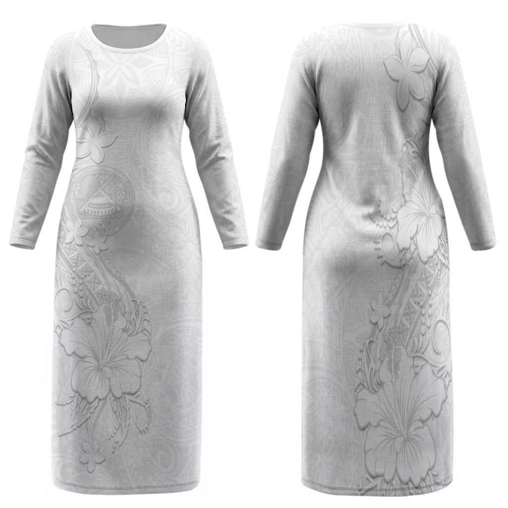 American Samoa White Sunday Family Matching Long Sleeve Bodycon Dress and Hawaiian Shirt Polynesian Pattern With Tropical Flowers