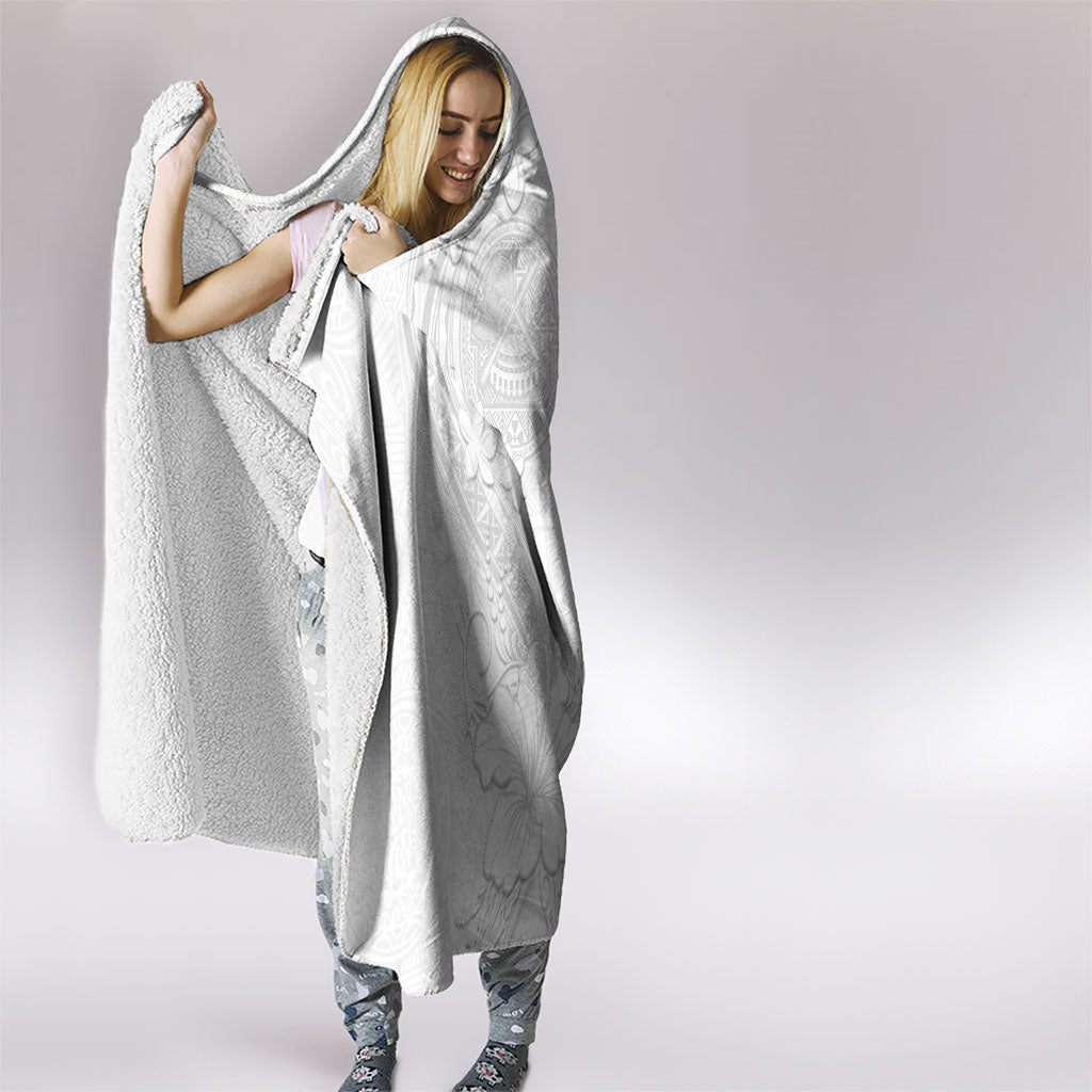 American Samoa White Sunday Hooded Blanket Polynesian Pattern With Tropical Flowers