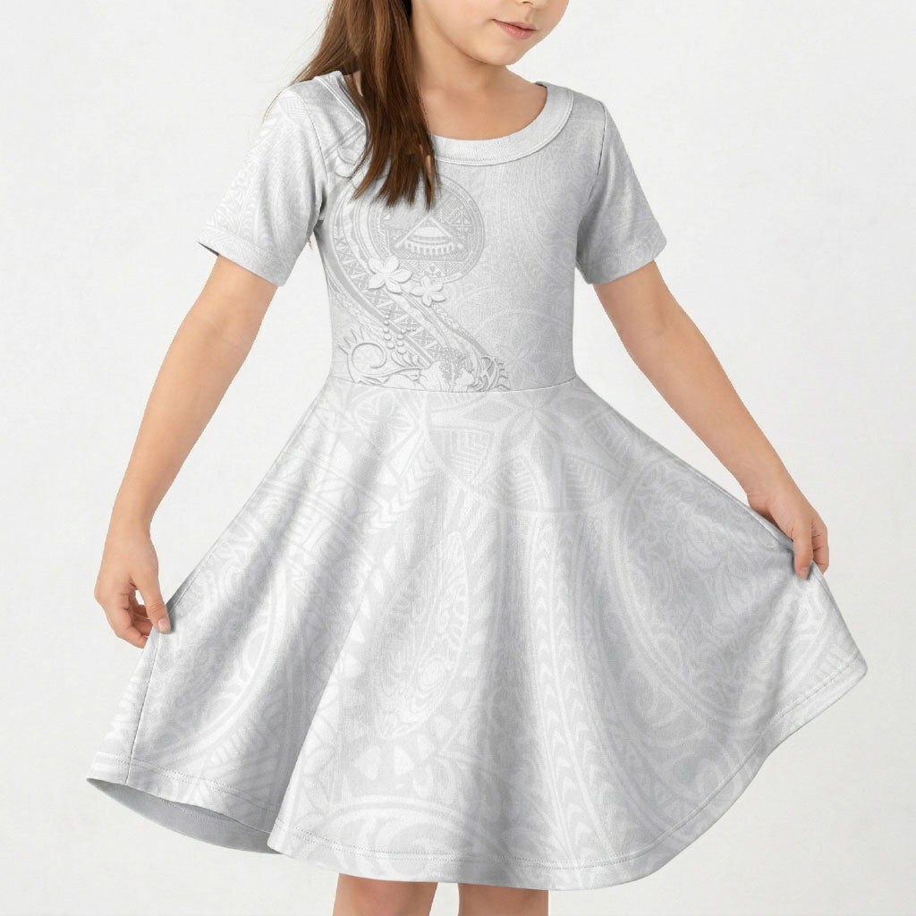 American Samoa White Sunday Kid Short Sleeve Dress Polynesian Pattern With Tropical Flowers
