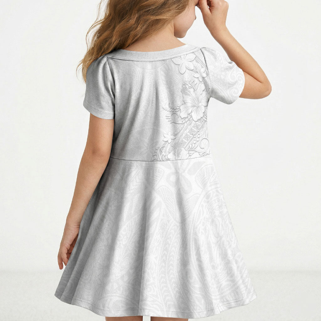 American Samoa White Sunday Kid Short Sleeve Dress Polynesian Pattern With Tropical Flowers