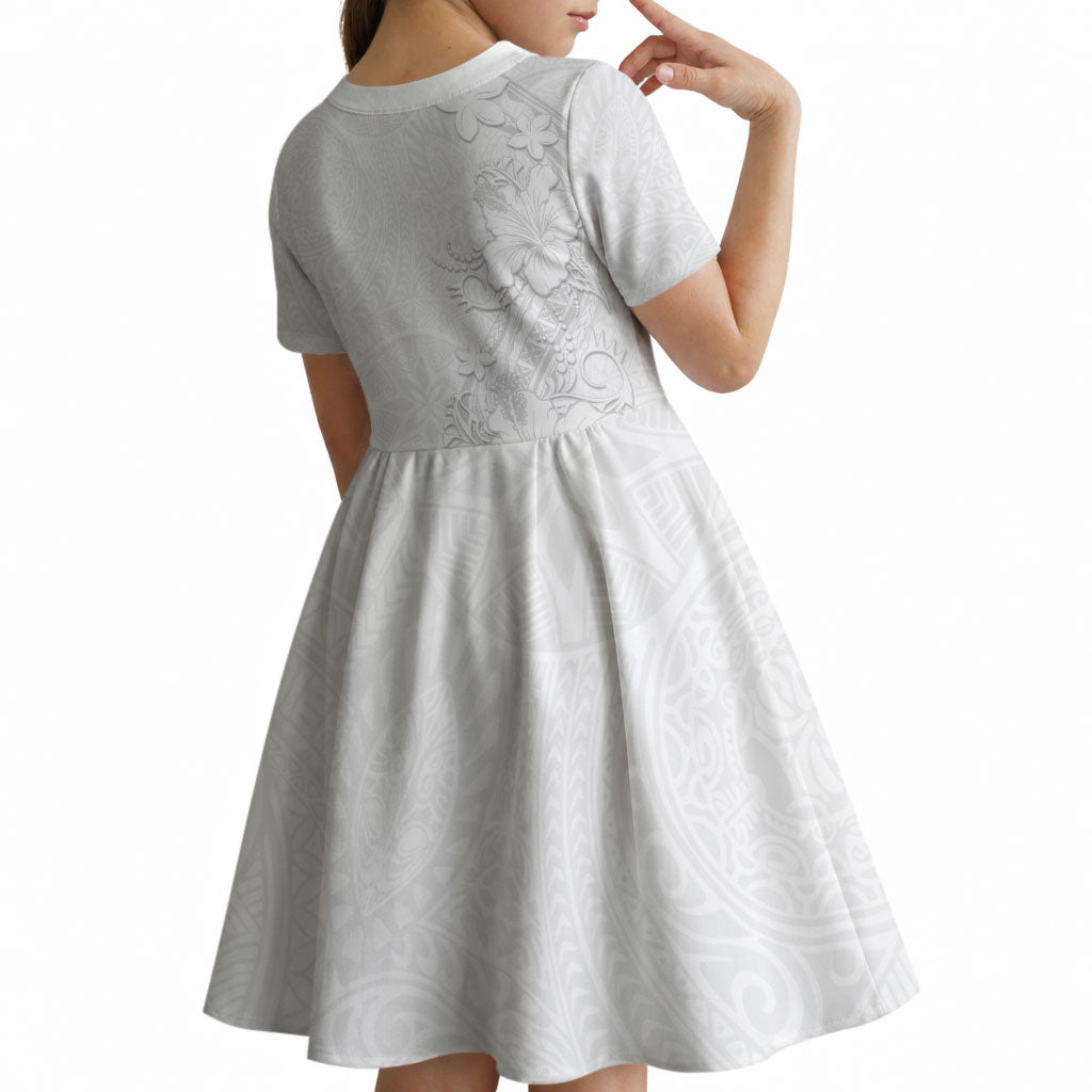American Samoa White Sunday Kid Short Sleeve Dress Polynesian Pattern With Tropical Flowers