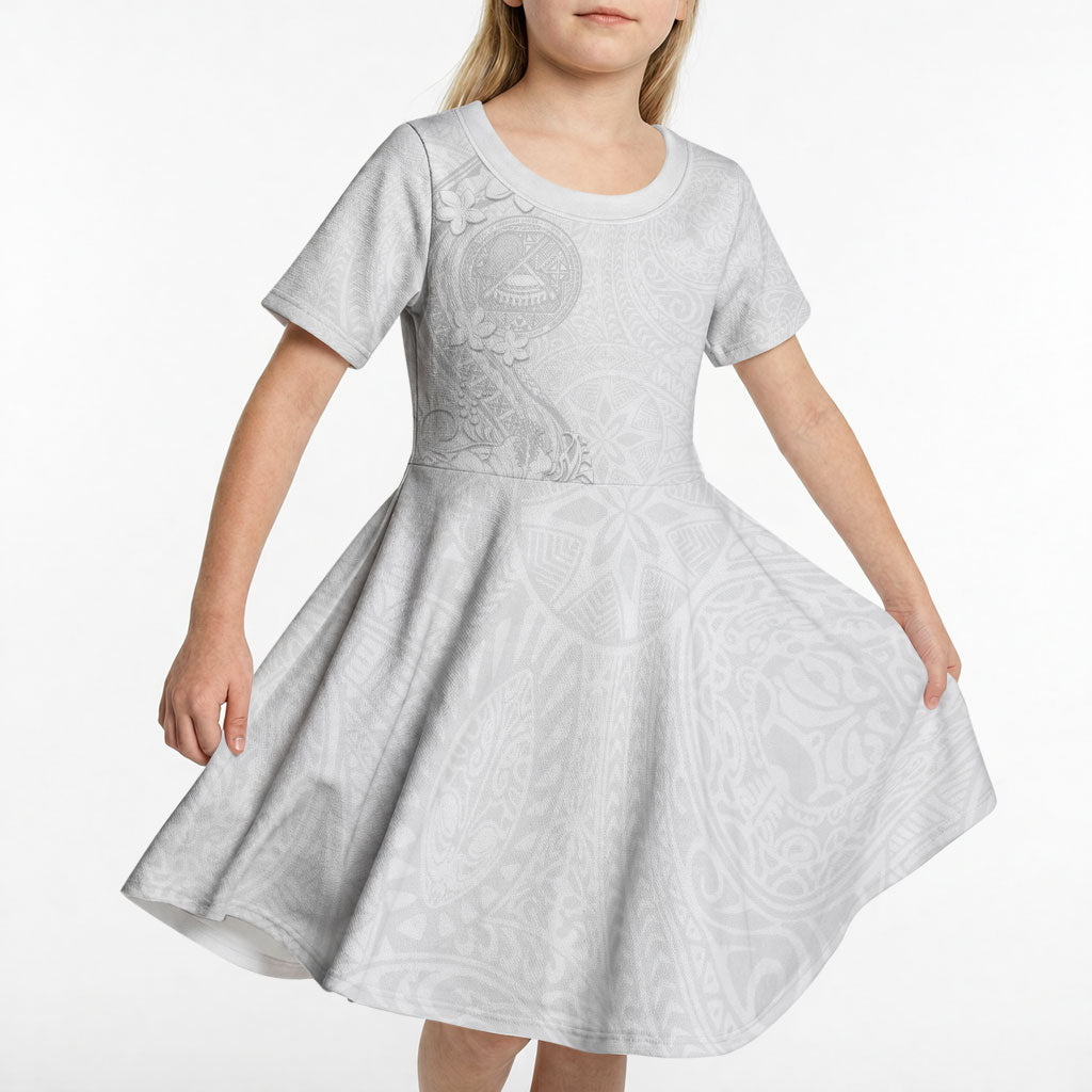 American Samoa White Sunday Kid Short Sleeve Dress Polynesian Pattern With Tropical Flowers