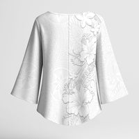 American Samoa White Sunday Kimono Sleeve Blouse Polynesian Pattern With Tropical Flowers