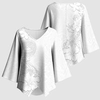 American Samoa White Sunday Kimono Sleeve Blouse Polynesian Pattern With Tropical Flowers