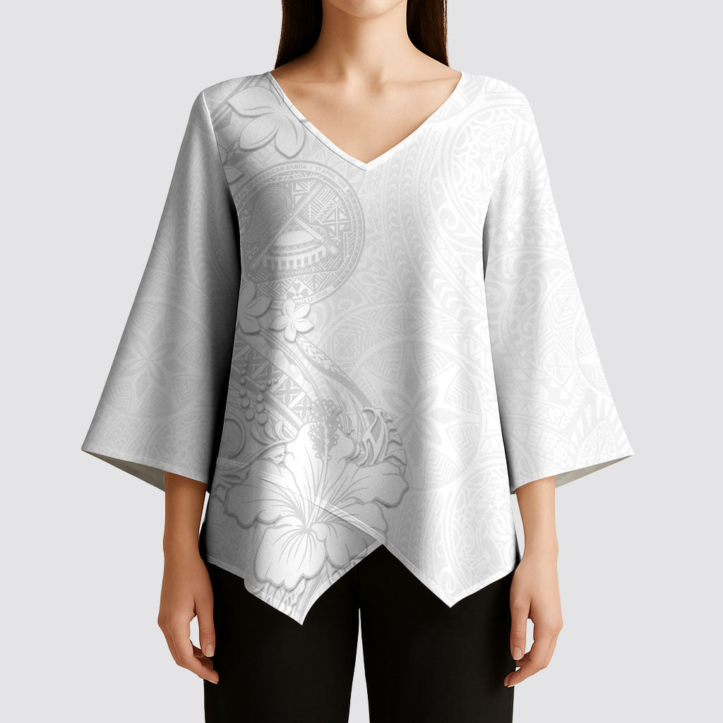 American Samoa White Sunday Kimono Sleeve Blouse Polynesian Pattern With Tropical Flowers