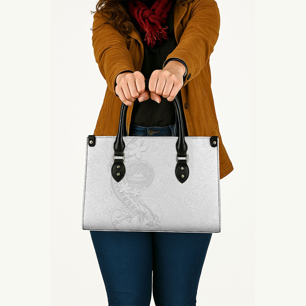 American Samoa White Sunday Leather Bag Polynesian Pattern With Tropical Flowers