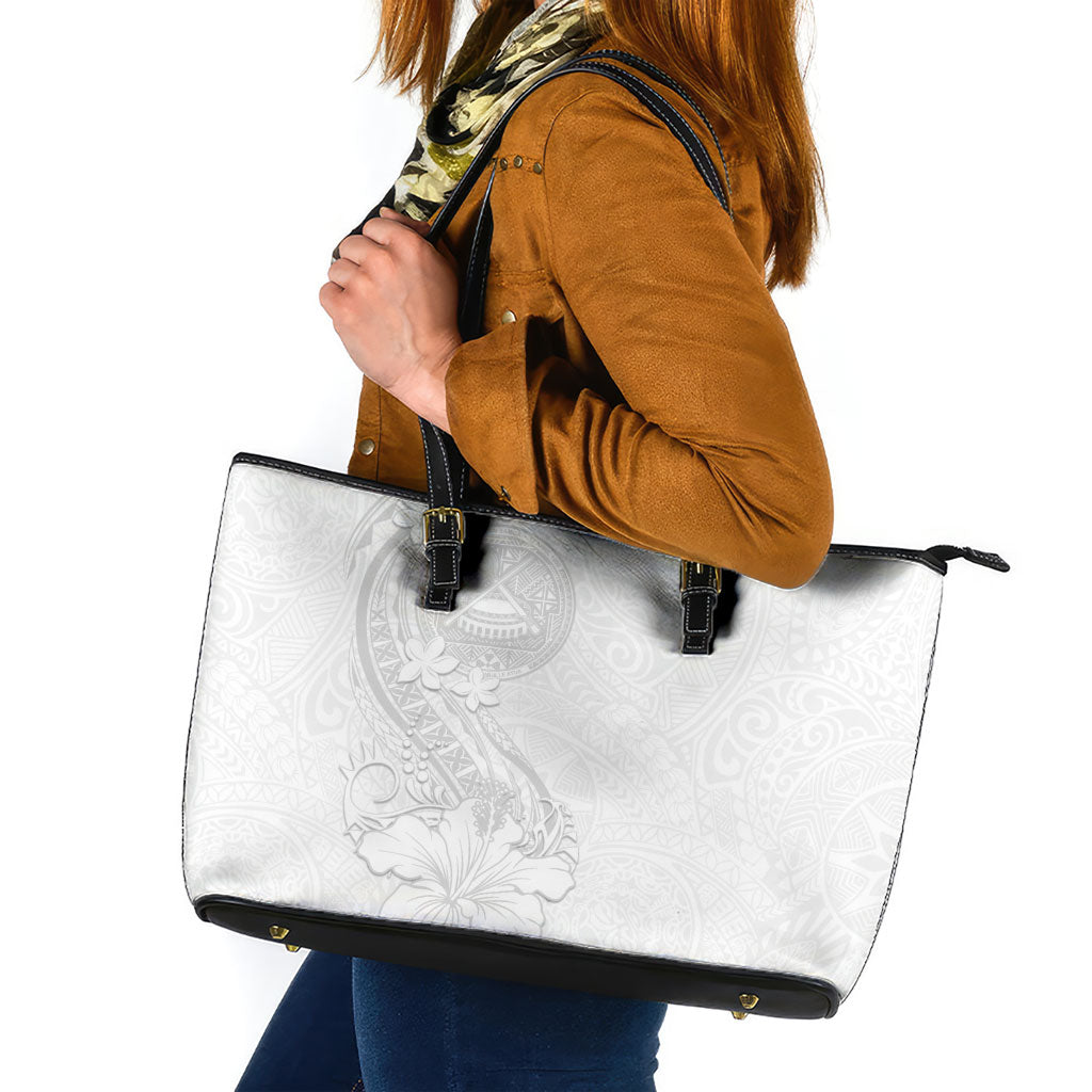American Samoa White Sunday Leather Tote Bag Polynesian Pattern With Tropical Flowers