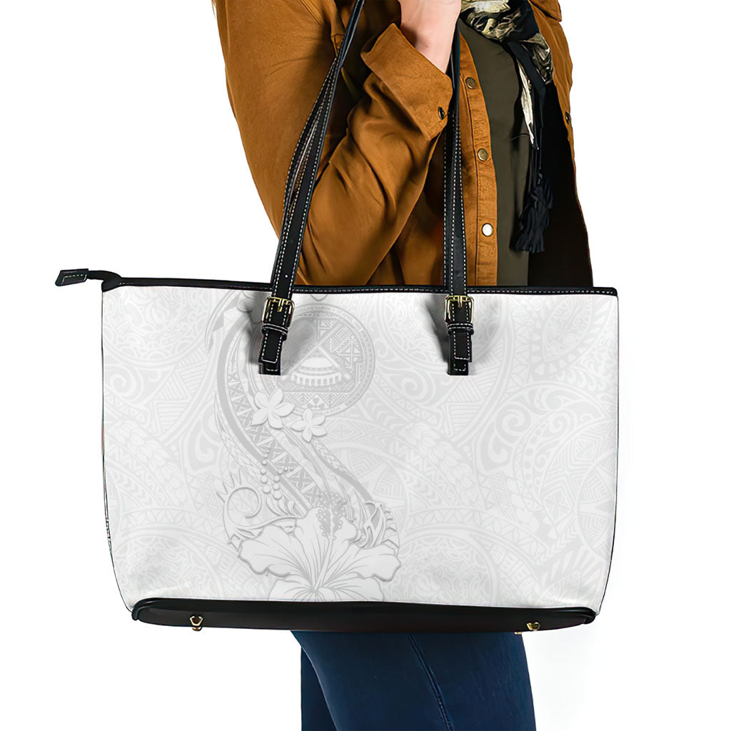American Samoa White Sunday Leather Tote Bag Polynesian Pattern With Tropical Flowers
