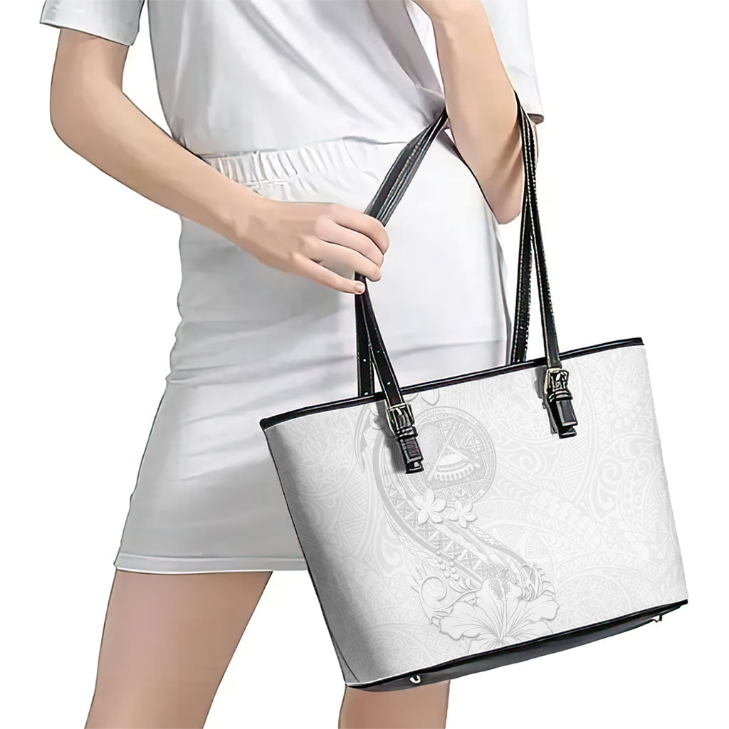 American Samoa White Sunday Leather Tote Bag Polynesian Pattern With Tropical Flowers