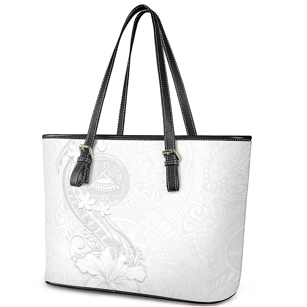 American Samoa White Sunday Leather Tote Bag Polynesian Pattern With Tropical Flowers