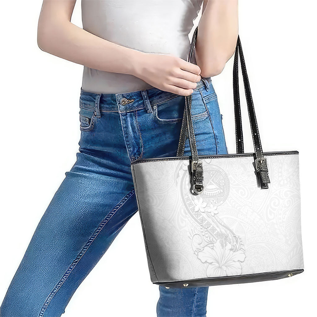 American Samoa White Sunday Leather Tote Bag Polynesian Pattern With Tropical Flowers
