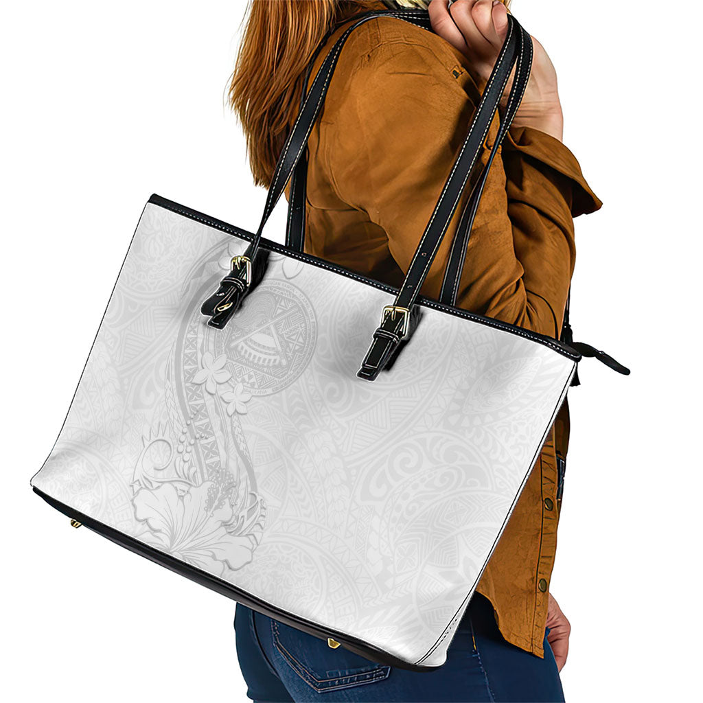 American Samoa White Sunday Leather Tote Bag Polynesian Pattern With Tropical Flowers