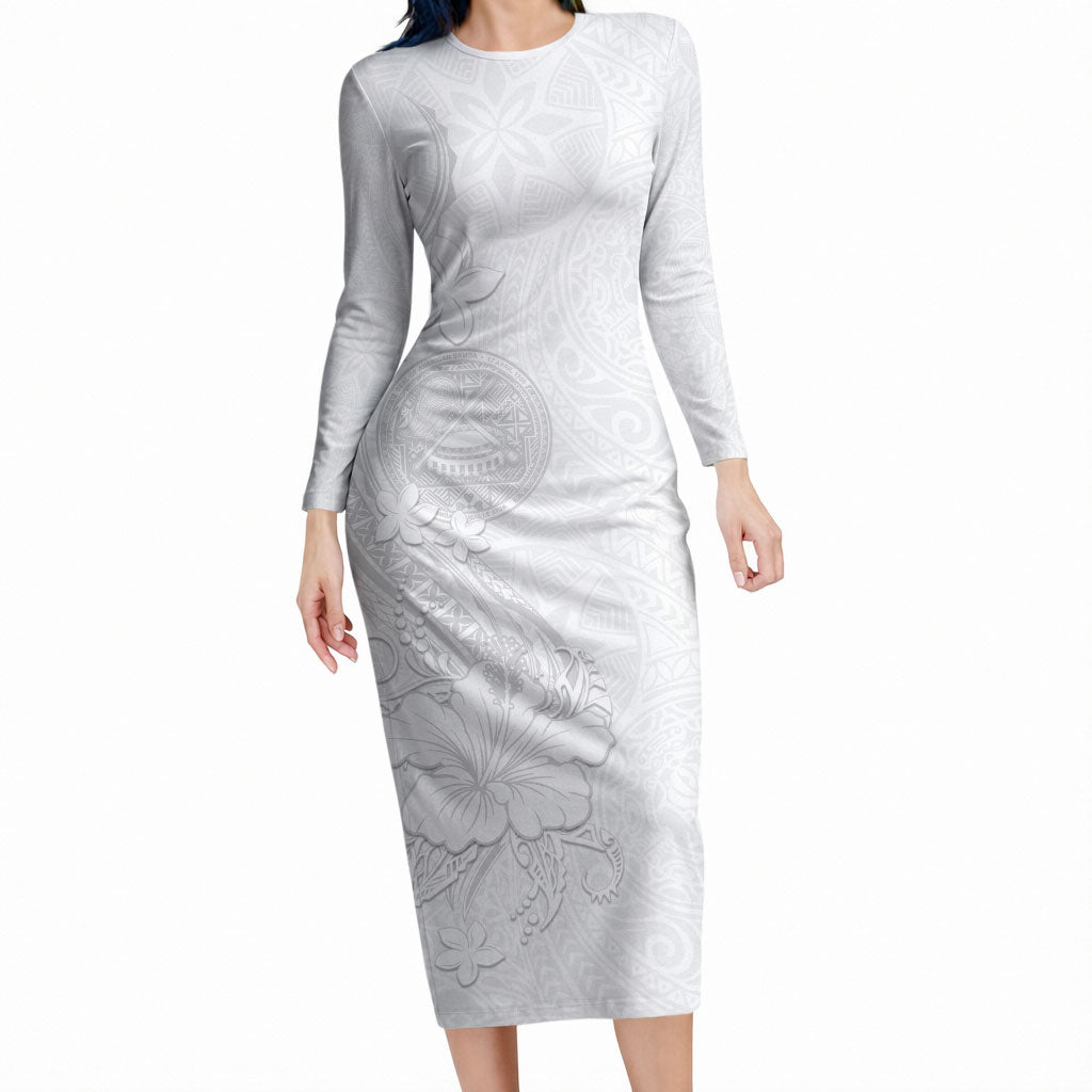 American Samoa White Sunday Long Sleeve Bodycon Dress Polynesian Pattern With Tropical Flowers