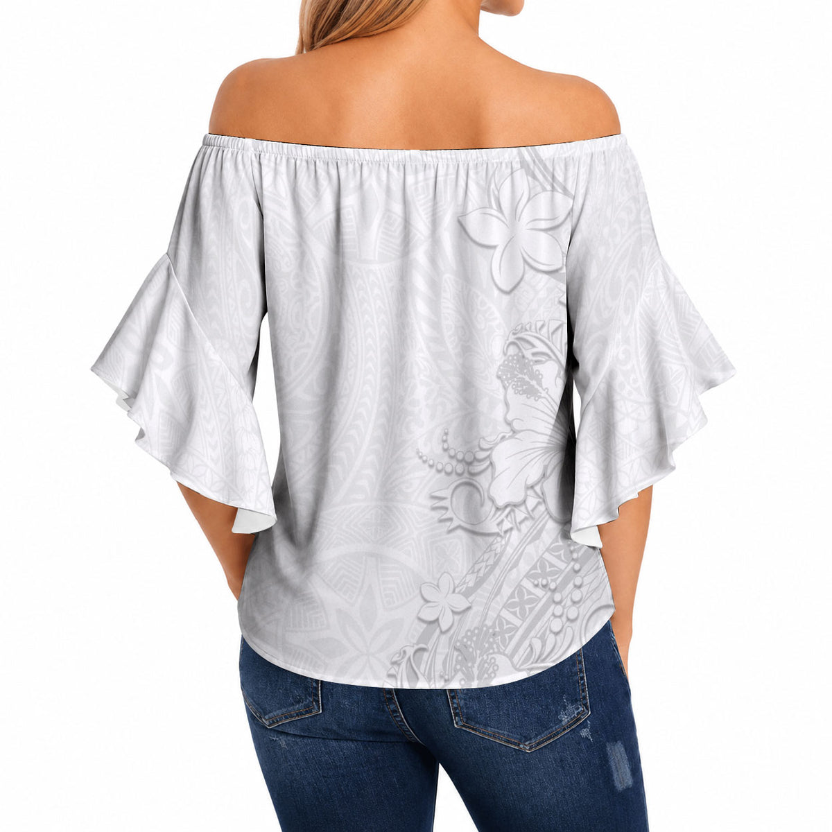 American Samoa White Sunday Off Shoulder Wrap Waist Top Polynesian Pattern With Tropical Flowers