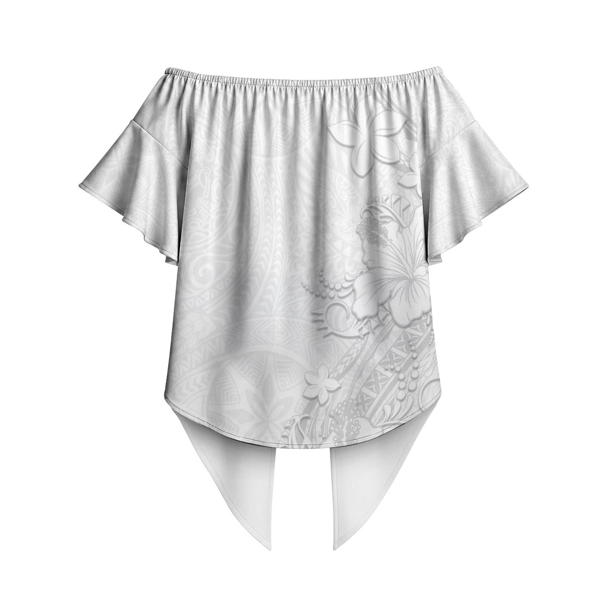 American Samoa White Sunday Off Shoulder Wrap Waist Top Polynesian Pattern With Tropical Flowers