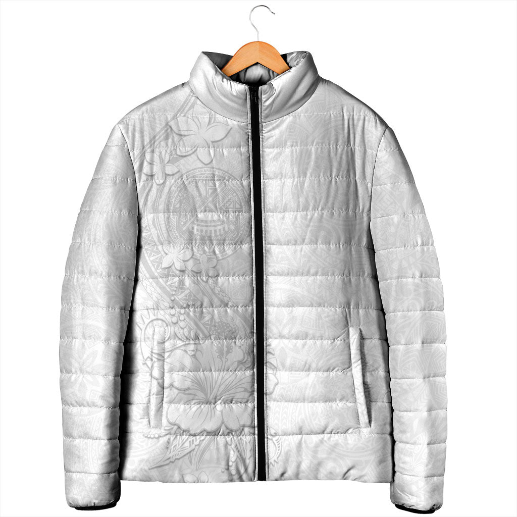 American Samoa White Sunday Padded Jacket Polynesian Pattern With Tropical Flowers