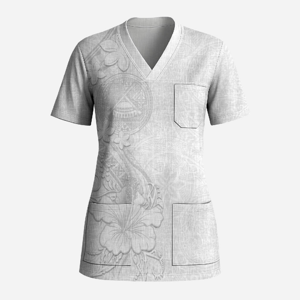 American Samoa White Sunday Scrub Top Polynesian Pattern With Tropical Flowers
