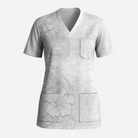 American Samoa White Sunday Scrub Top Polynesian Pattern With Tropical Flowers