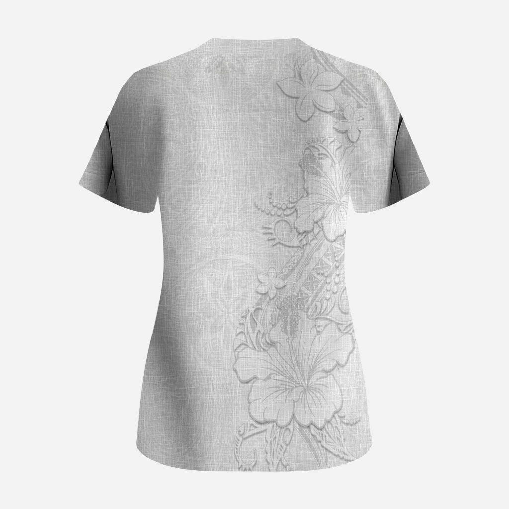 American Samoa White Sunday Scrub Top Polynesian Pattern With Tropical Flowers