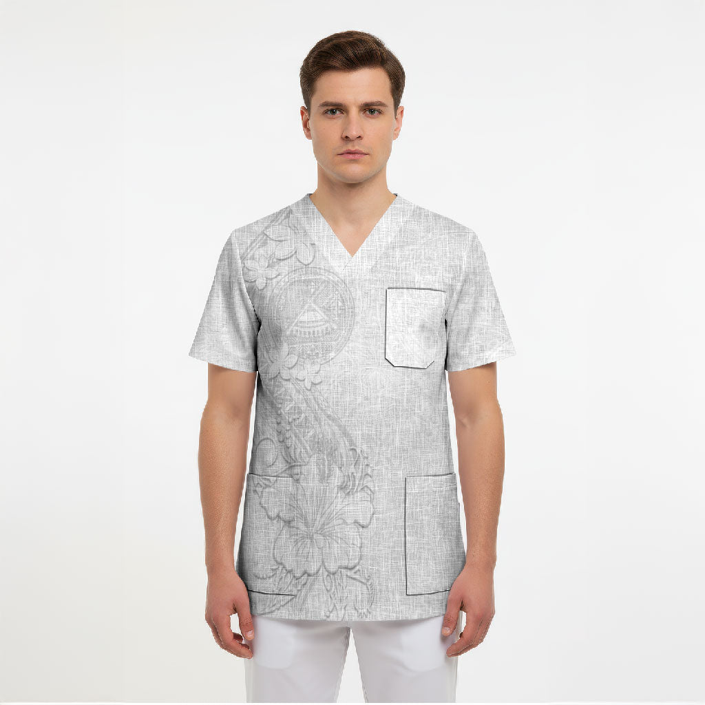 American Samoa White Sunday Scrub Top Polynesian Pattern With Tropical Flowers