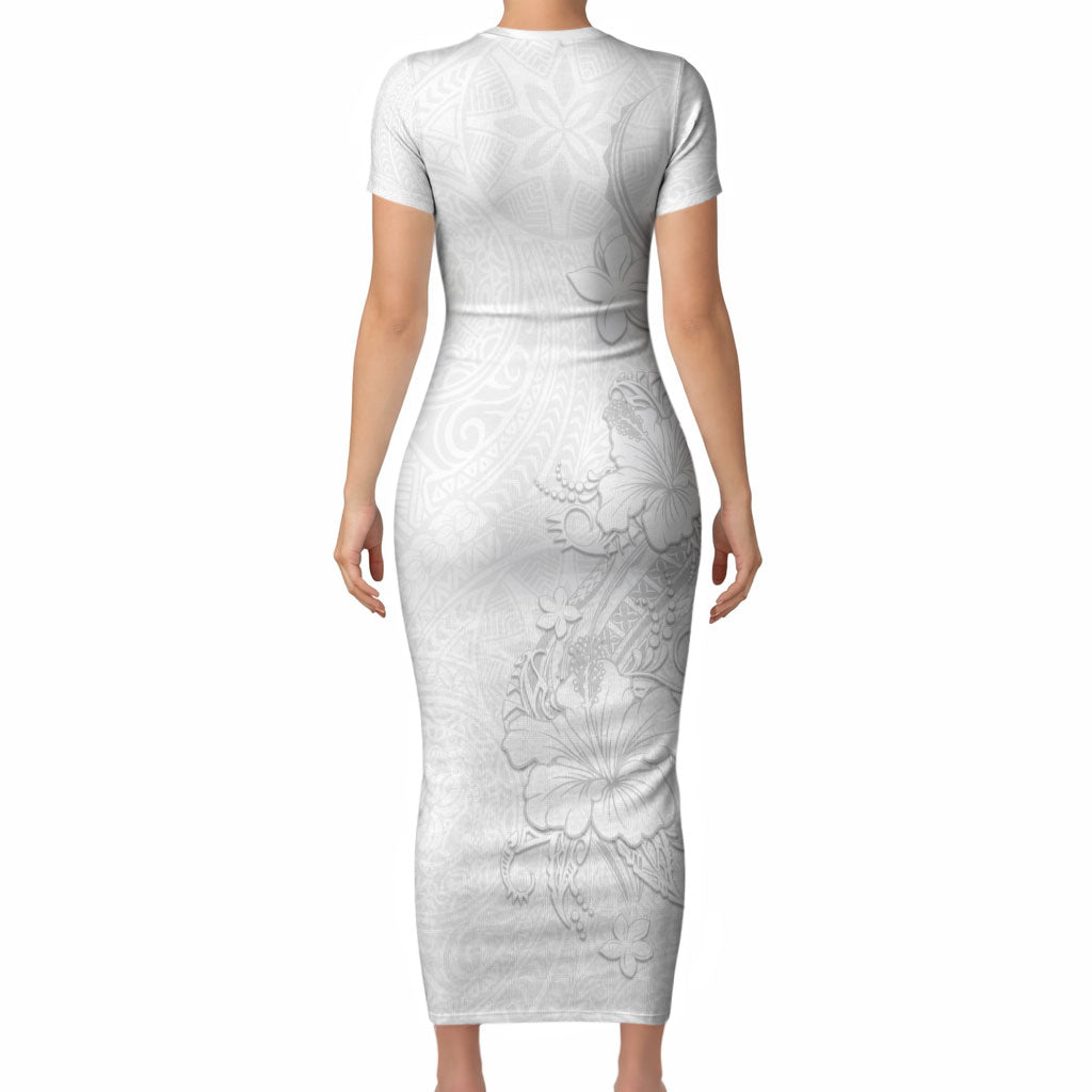 American Samoa White Sunday Short Sleeve Bodycon Dress Polynesian Pattern With Tropical Flowers