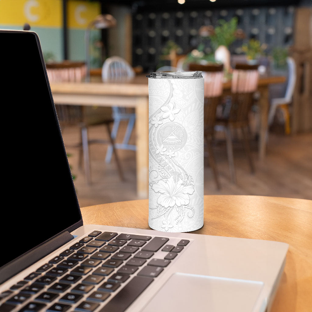 American Samoa White Sunday Skinny Tumbler Polynesian Pattern With Tropical Flowers