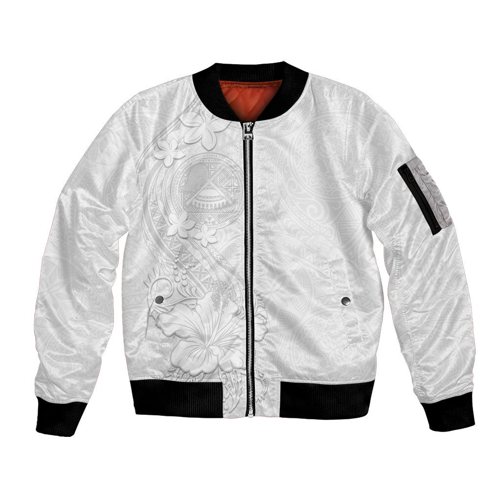 American Samoa White Sunday Sleeve Zip Bomber Jacket Polynesian Pattern With Tropical Flowers