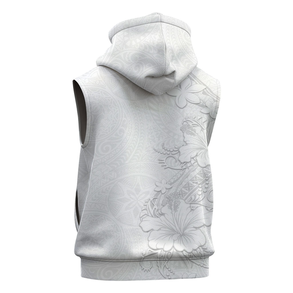 American Samoa White Sunday Sleeveless Hoodie Polynesian Pattern With Tropical Flowers
