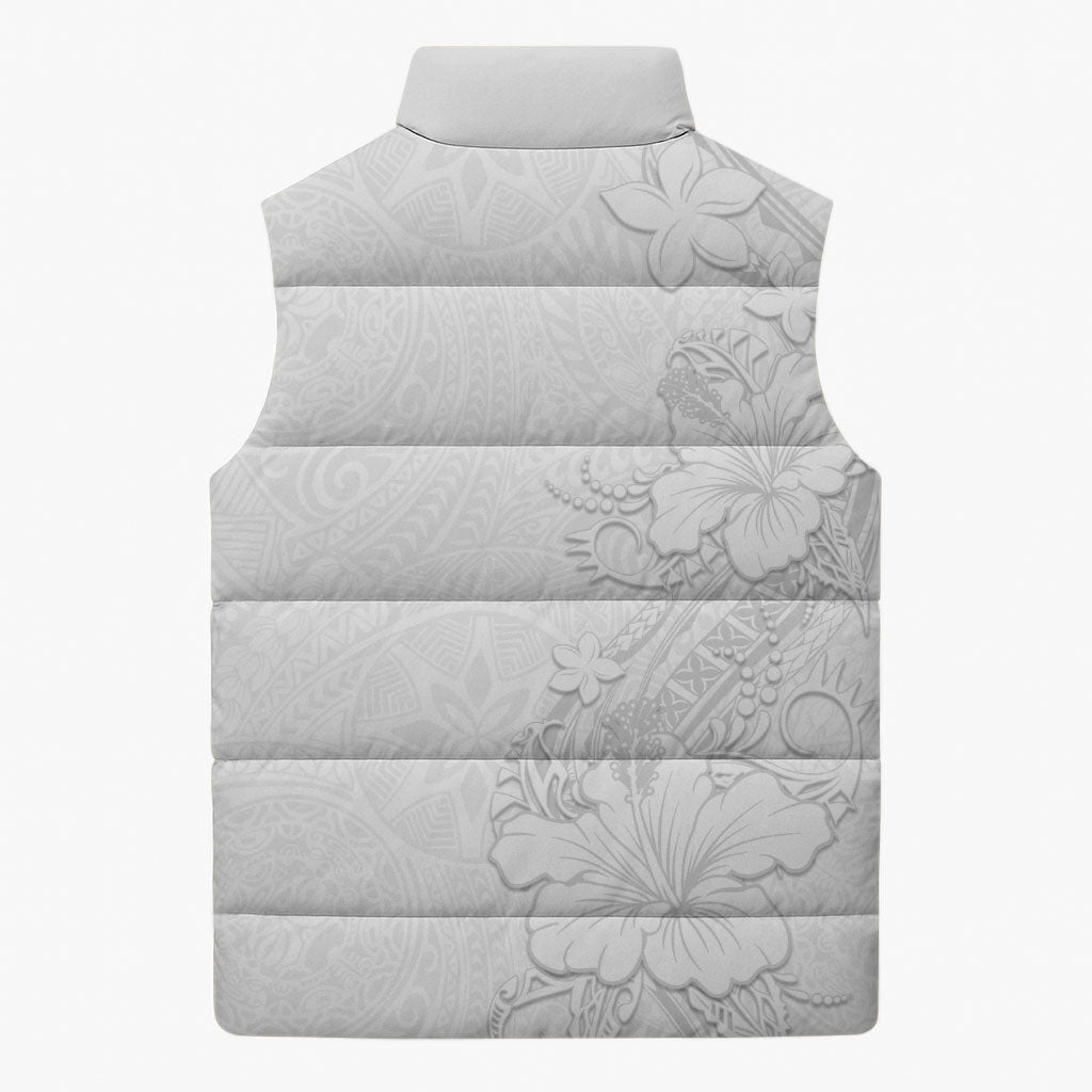 American Samoa White Sunday Sleeveless Puffer Jacket Polynesian Pattern With Tropical Flowers