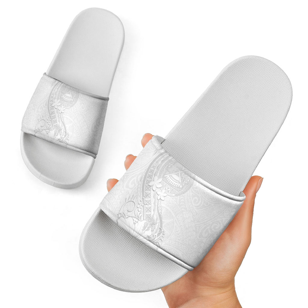 American Samoa White Sunday Slide Sandals Polynesian Pattern With Tropical Flowers