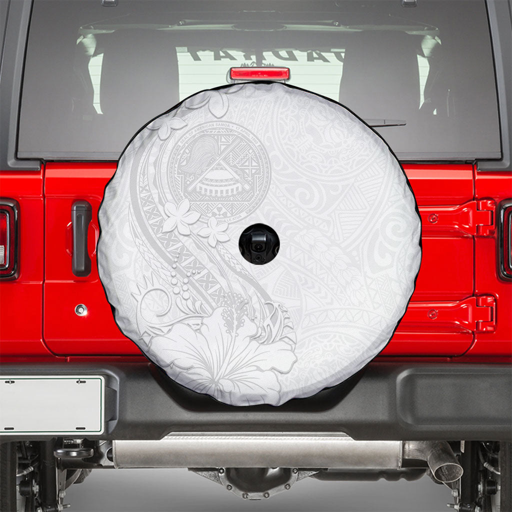 American Samoa White Sunday Spare Tire Cover Polynesian Pattern With Tropical Flowers