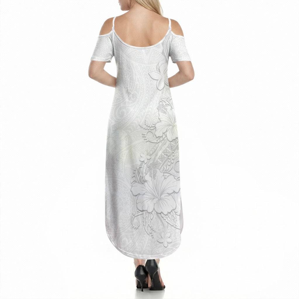 American Samoa White Sunday Summer Maxi Dress Polynesian Pattern With Tropical Flowers