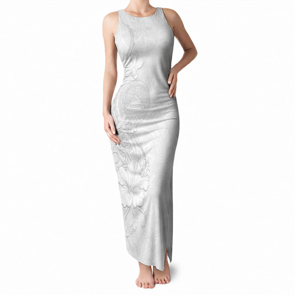 American Samoa White Sunday Tank Maxi Dress Polynesian Pattern With Tropical Flowers