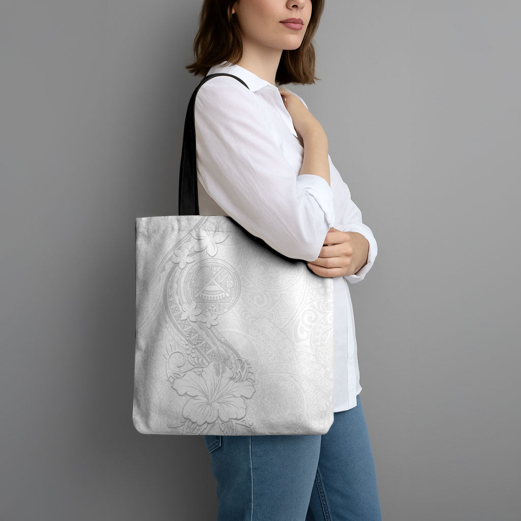 American Samoa White Sunday Tote Bag Polynesian Pattern With Tropical Flowers