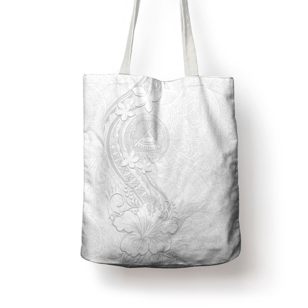 American Samoa White Sunday Tote Bag Polynesian Pattern With Tropical Flowers