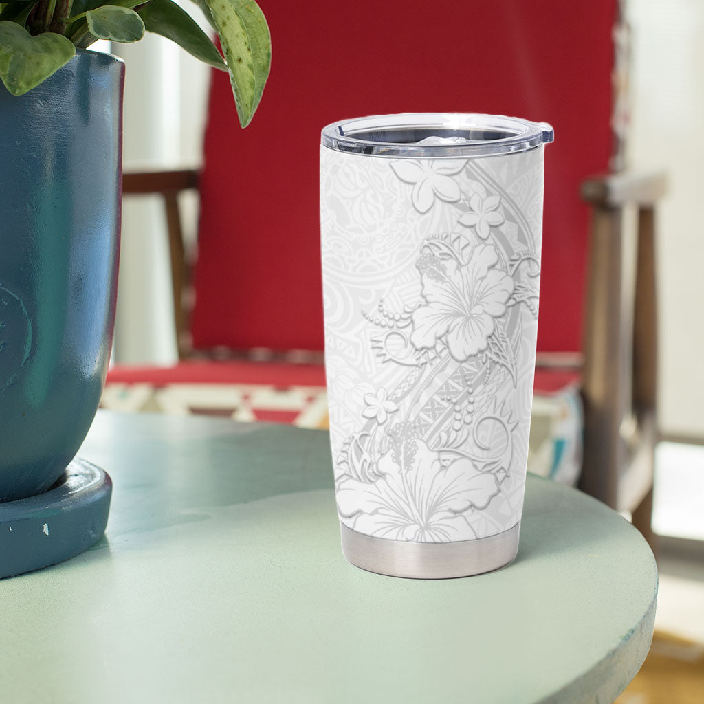 American Samoa White Sunday Tumbler Cup Polynesian Pattern With Tropical Flowers