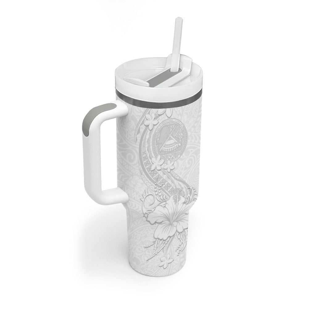 American Samoa White Sunday Tumbler With Handle Polynesian Pattern With Tropical Flowers