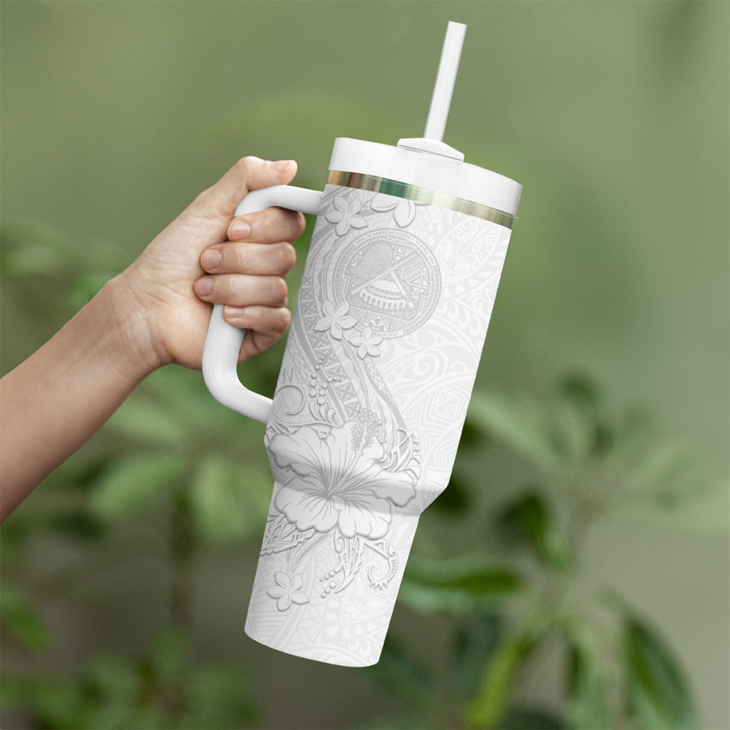 American Samoa White Sunday Tumbler With Handle Polynesian Pattern With Tropical Flowers