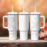 American Samoa White Sunday Tumbler With Handle Polynesian Pattern With Tropical Flowers